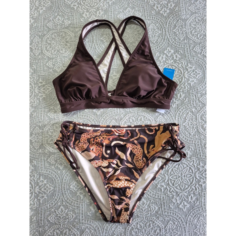 Cupshe Womens Brown Leopard Print Cross Back Bikini Set New‎ with Tags Size L